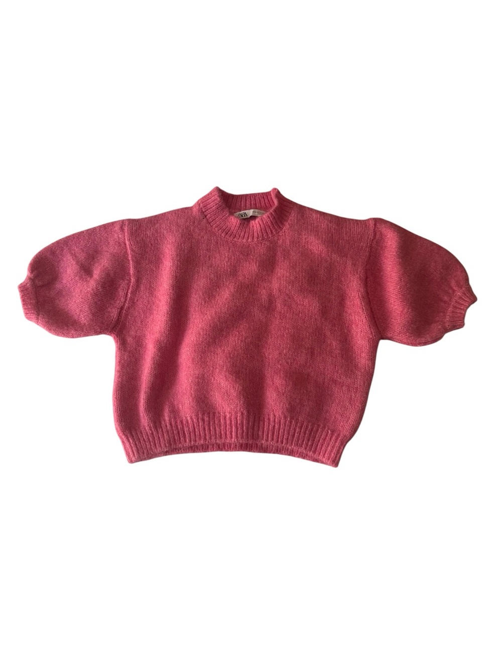 Zara Bright Rose Short Puff-Sleeve Crew Sweater